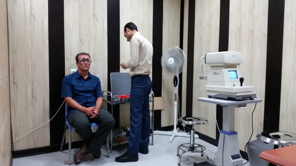 Antony at the optometrist, Bandar Abbas