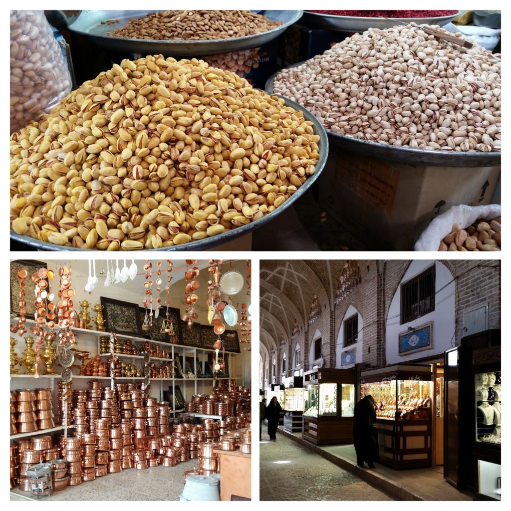Pistachios, Copper pots, Gold. Kerman Bazaar, Iran.