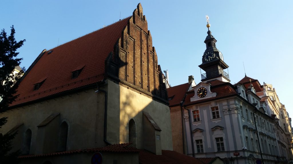 (L) Old New Synagogue. (R) Hebrew Clock on the Jewish Town Hall, Prague.